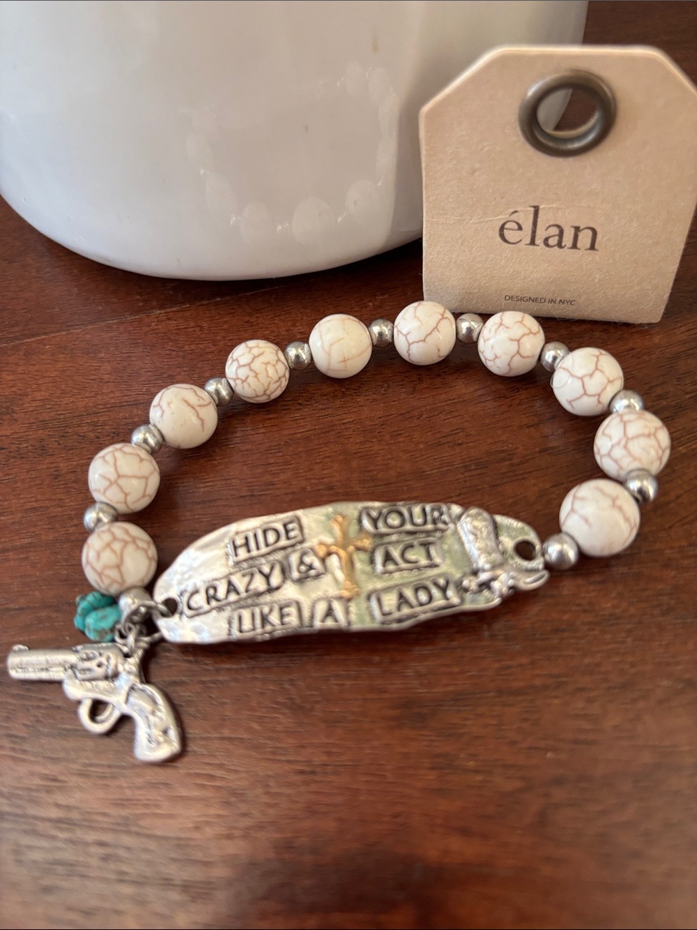 Elan Silvertone Hide Your Crazy & Act Like A Lady,gun,cross,ivory,silver